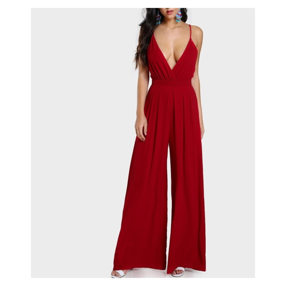 MBM Unlimited Dresses & Skirts - Red Surplice V Neck Sleeveless Wide Leg Jumpsuit